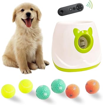 Automatic Dog Ball Launcher Tennis Ball Thrower Machine with 6 Balls,Remote | 6 balls included,for Small Medium Dogs,Adjustable 3 Fetching Distance,10ft,20ft,30ft,and random mode,Indoors Outdoors,White
