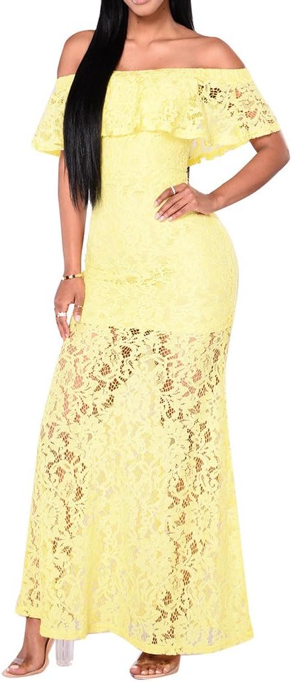 Lace Long Dress - Womenโs Sexy off Shoulder Bodycon Dress Yellow