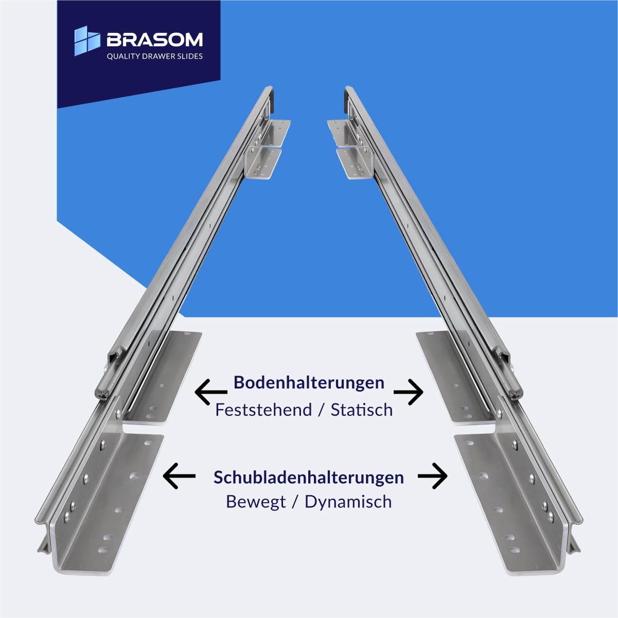 BRASOM Auszugsschienen mit Schubladenhalterunge - 2 Stück, 500mm, Schwerlastauszug 250kg, 20 inch, Heavy Duty Schubladen Schienensystem, Kugellager