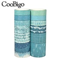 Vista 2 de CooBigo Juego de cintas Washi, 12 rollos de 4 tamaños de cintas adhesivas decorativas para manualidades, álbumes de recortes, bricolaje, Pista azul