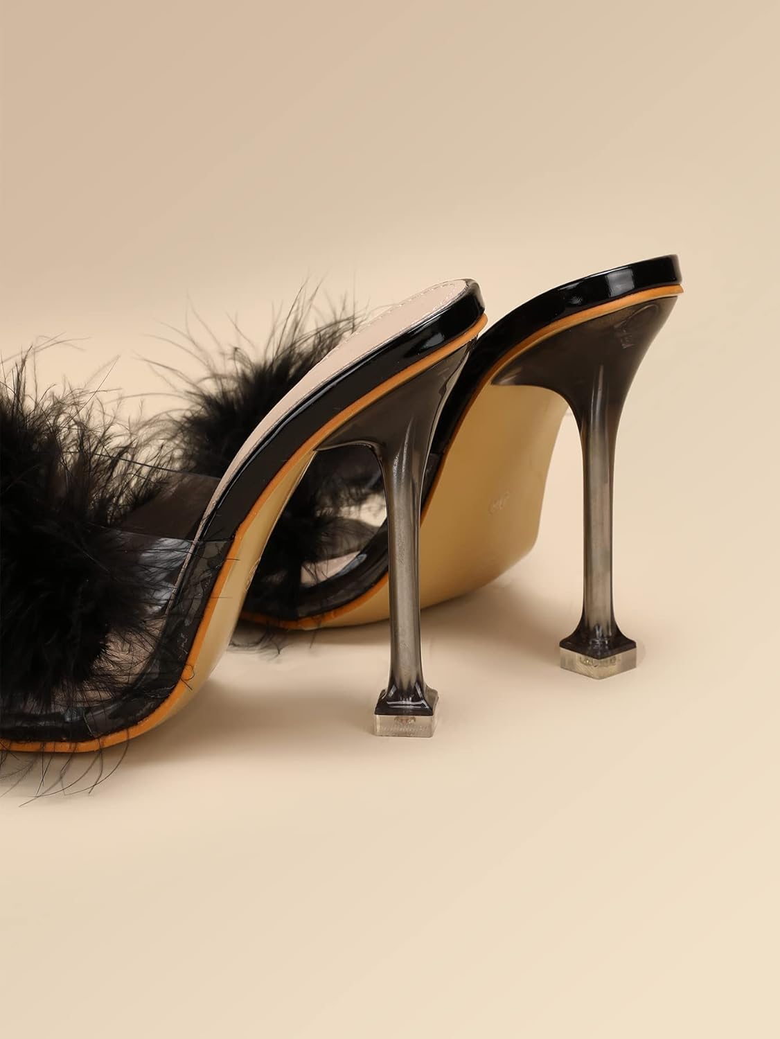 Women White Feather Clear PVC Slippers Square Toe Stilettos Slides Transparent Crystal High Heels Sandals Mules Party Shoes Glass Heels - Image 5