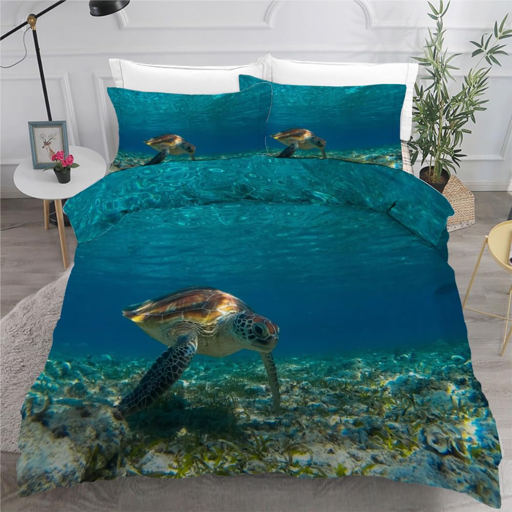 ROUSKI Bettwäsche Meeresschildkröte 135x200 cm 2teilig 100% Mikrofaser Kinderbettwäsche Ozean Schildkröte Bettbezug mit Reißverschluss 3D Motiv Zimmer Dekor Bettwäsche-Sets mit Kissenbezüge 80x80