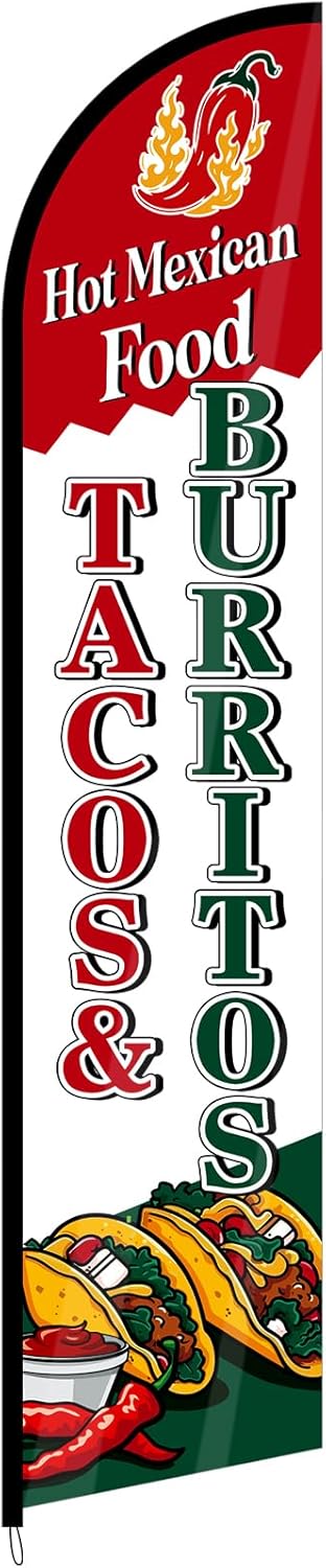 Tacos Burritos 12 ft Feather Flag Mexican Restaurant Advertising Swooper Flag Windless Banner for Business Mexican Restaurant Outside(Mount and Poles Not Included, Single Side Printing)