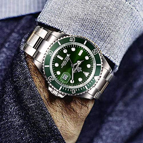 Fanmis Mens Luxury Rotatable Bezel Calendar Sport Luminous Business Quartz Waterproof Stainless Steel Watches (Silver Green) #TOP2