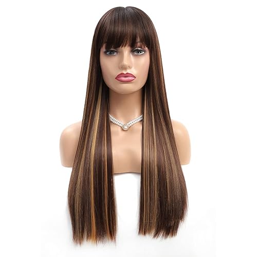Miniatura 2 de Pelucas rubias con reflejos para mujer, peluca larga y lacia con flequillo, cabello Remy suave y sedoso, resistente al calor, peluca de fibra