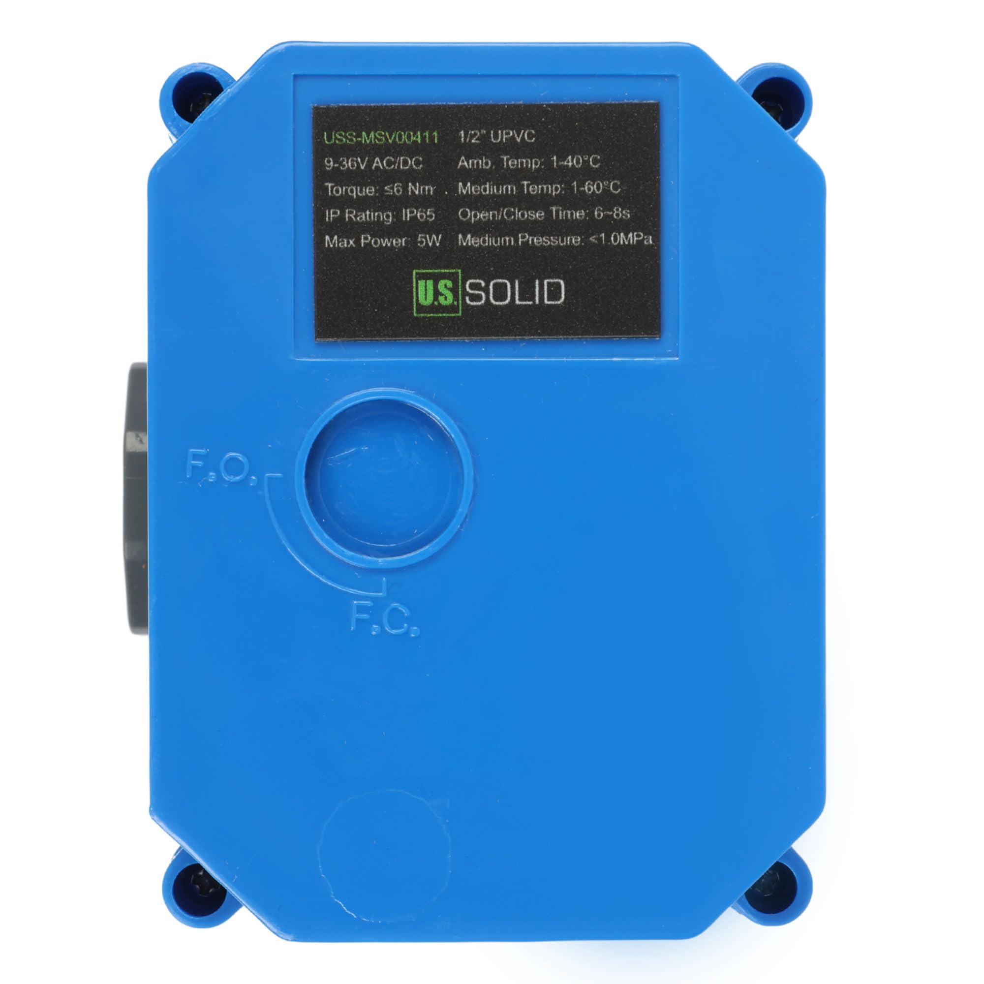 U.S. Solid Valvola a sfera motorizzata in UPVC 1/2" – Plastica, porta standard, ritorno automatico 2 fili, 9–24 V AC/DC, normalmente chiusa