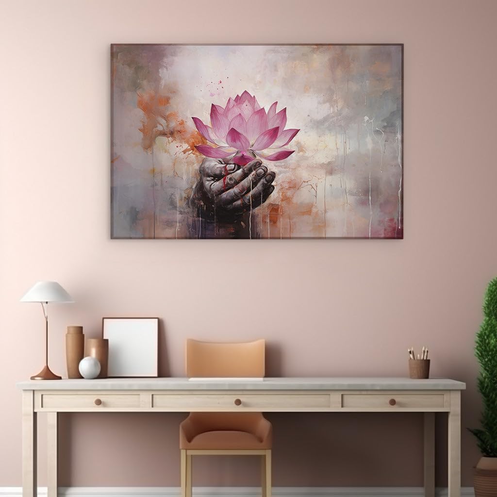 Art Wall: The Embrace Of Tranquility And Chaos - a Hand Cradling a Luminous Lotus Amidst Vivid Colors. Interior Decor, Canvas Art Design, Art Apartment Decoration. Size: 69x46 cm (27x18 inch)