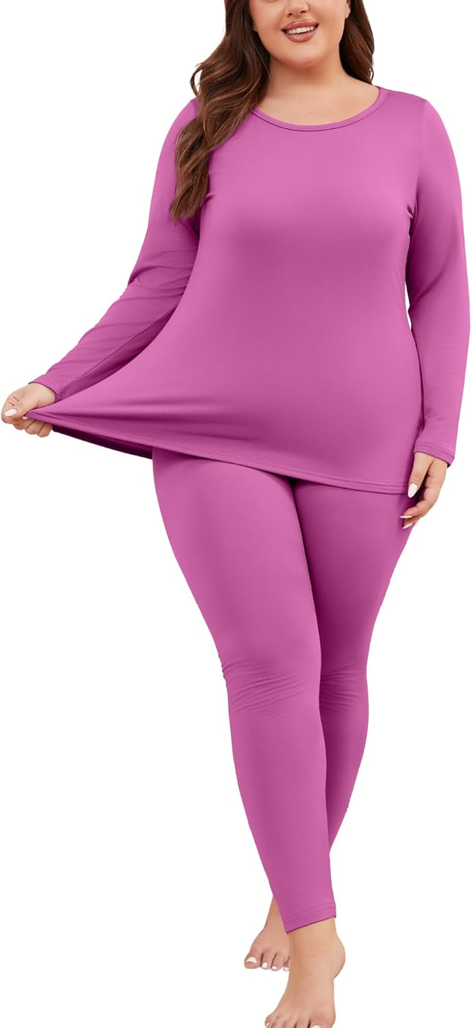 COOTRY Plus Size Thermal Underwear for Women Fleece Lined Long Johns Base Layer Top and Bottom Sets for Winter Purple 4XL