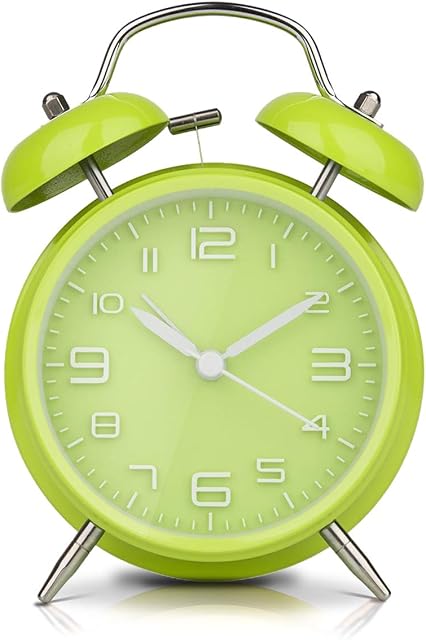 LATEC Twin Bell Alarm Clock with Backlight, 4" Stereoscopic Dial, Battery Operated Loud Alarm Clock, No Ticking, Noiseless, Retro Bell Alarm Clock, Quartz Drive (Green)