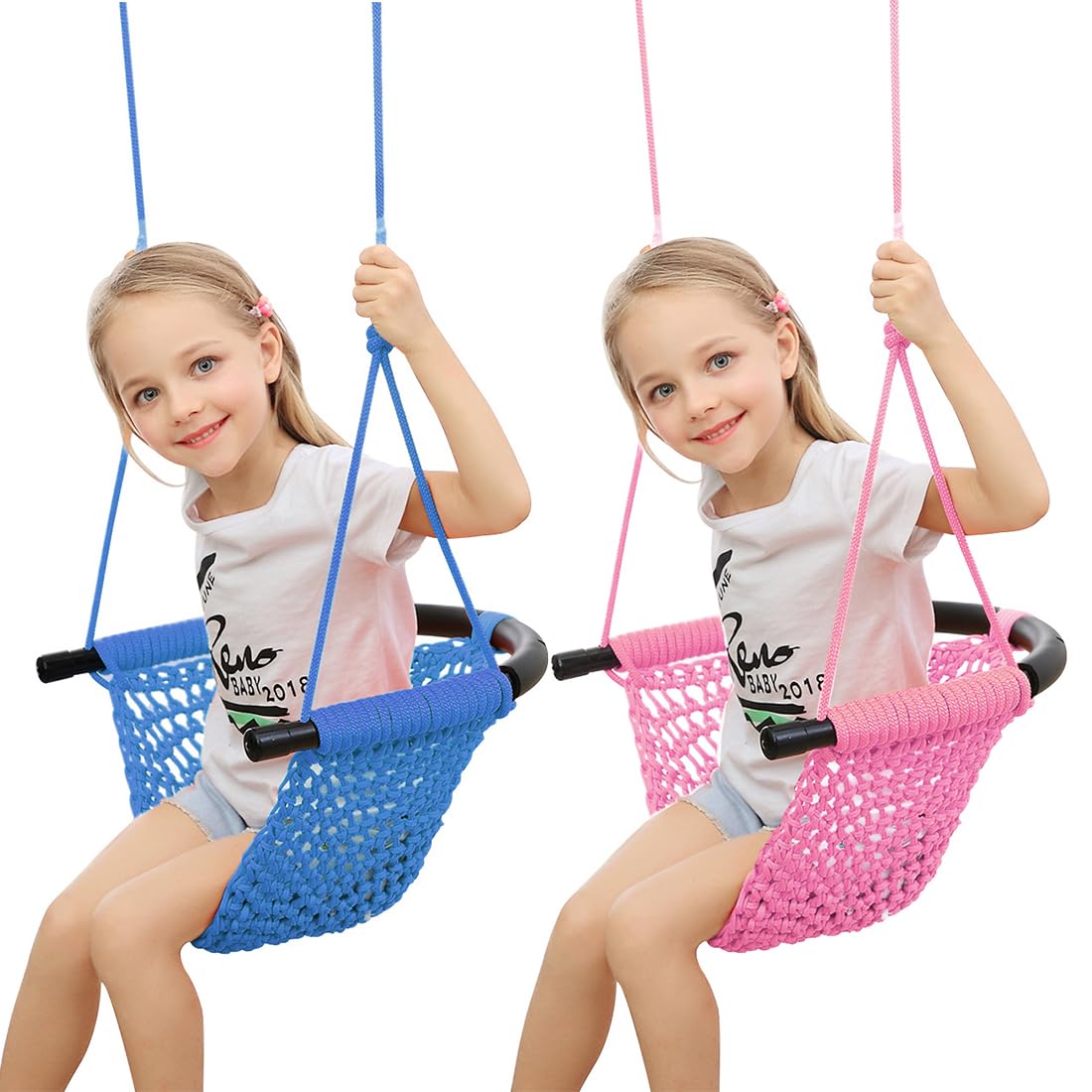 Hand-Knitting Toddler Swing, Swing Seat for Kids with Adjustable Ropes, Little tikes Swings Set, for Outdoor Indoor, Playground, Backyard (Blue+Pink)
