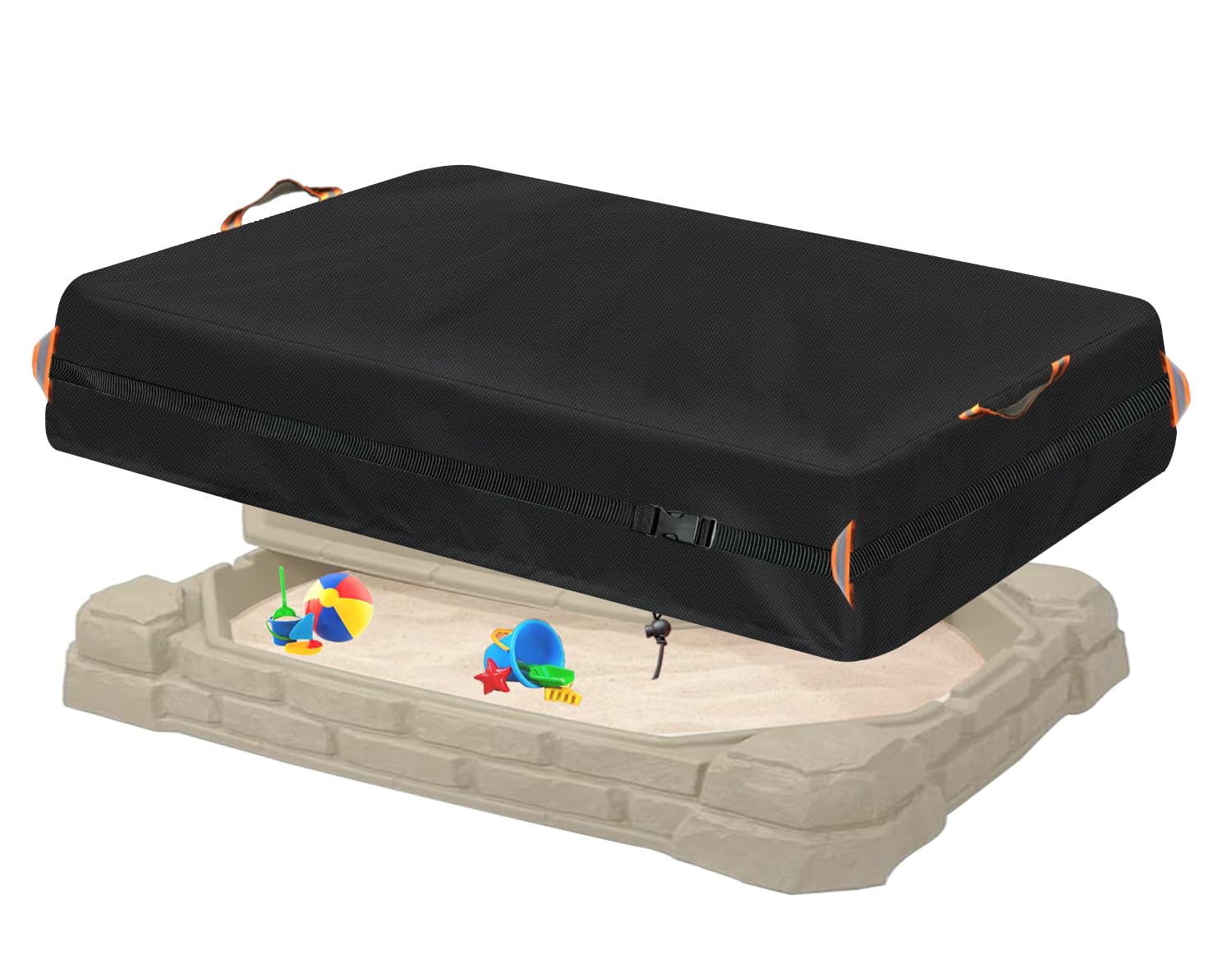 Kids Sandbox Cover for Naturally Playful Sandbox II,Made of 600D Waterproof Oxford Cloth, Reflective Carry Handle with Two Warning Signs and 4.6 Meters Long Mesh Grommets.(51" L x 32" W x 13" H)