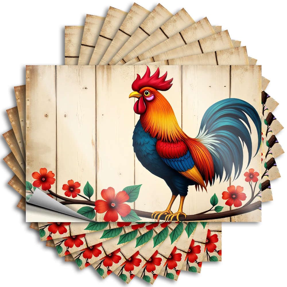 Square Lettering Sticker, Necessities Cover A Colorful Rooster Perched On A Branch with Vibrant Flowers. | Funny Quote Gamer Decals(6X9CM)