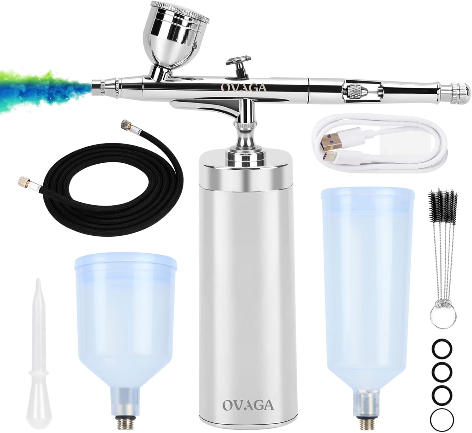 32PSI Airbrush Kit with Air Compressor, Portable Cordless Auto Airbrush Gun Kit, Rechargeable Mini Handheld Air Brush Set for Painting, Model Coloring, Makeup, Cake Decor, Silver