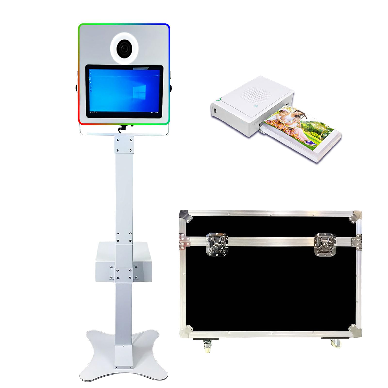 Portable 15.6 Inch DSLR Photo Booth Machine Touch Screen Camera Photobooth with RGB Light Ideal for Weddings,Parties,Celebrations,and Events Rental (White, Photo Booth+Mini Printer)