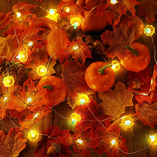 Fall Thanksgiving Decorations, 10 Feet Pumpkin Maple Leaf Garland String Lights With 30 Leds Thanksgiving Lighted Garland For Indoor Home Fireplace Mantel, Battery Operated Autumn Holiday Decor #TOP19
