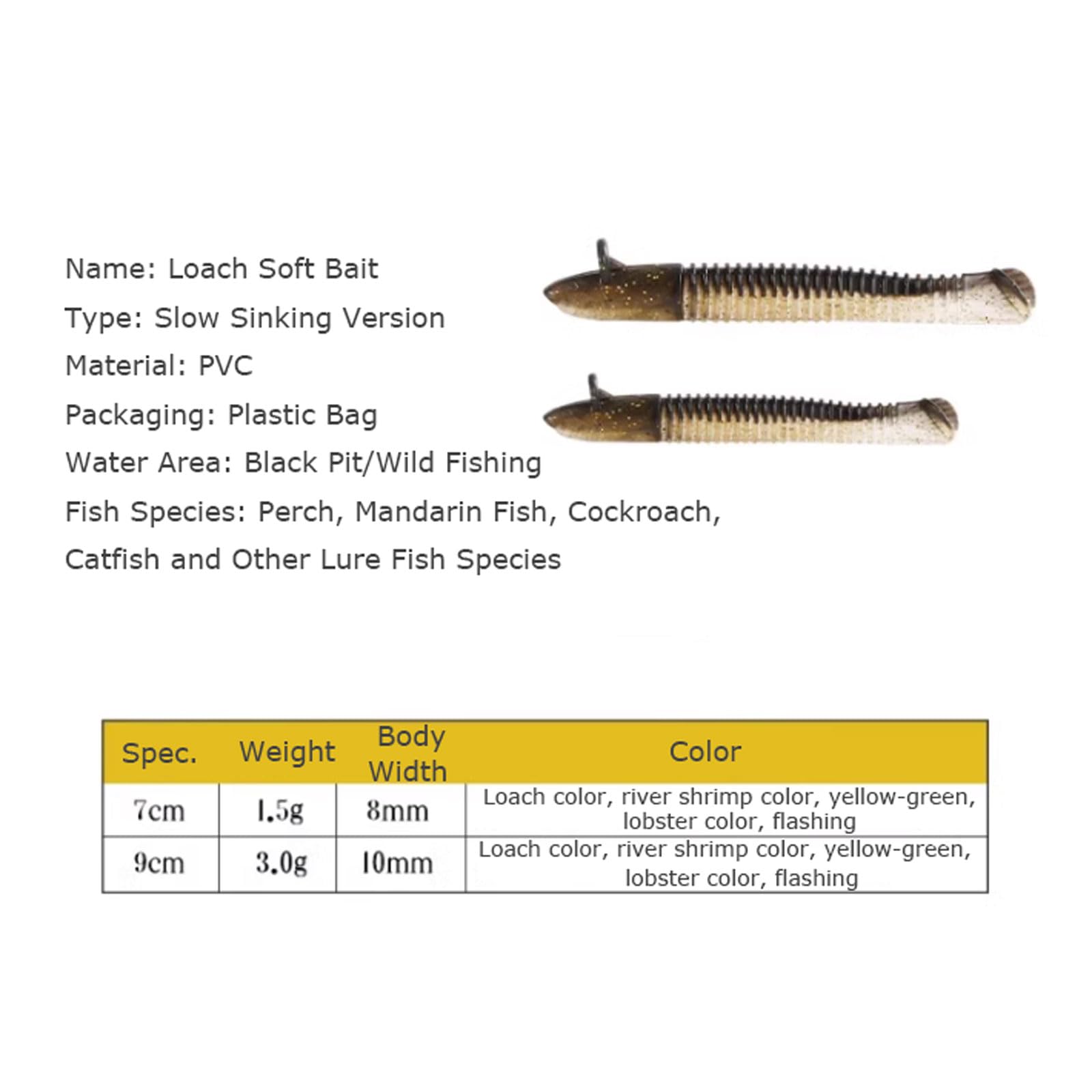 50 ou 45 Pack Bionic Loach Soft Baits Floating T-Tail Lures Sink-Sink Fautewater Bait pour Mandarin Fish & Perch Leurres Swimbaits