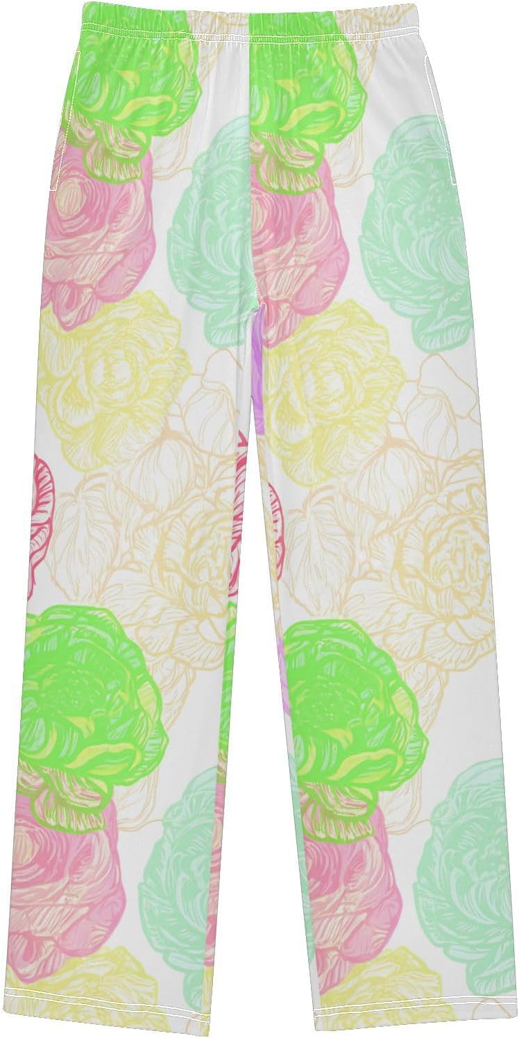 J JOYSAY Colorful Peony Flower White Pajamas Pants Soft Long Pajama Bottoms Lounge Sleep Pants Size S-XL