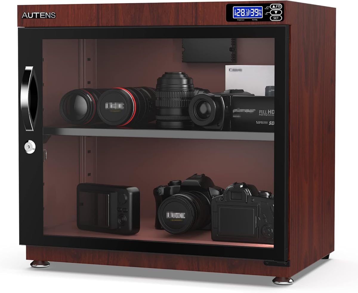 AUTENS 80L Dehumidifying Dry Cabinet Box, Wood grain Design Digital Control Noiseless and Energy Saving, for Camera Lens and Electronic Equipment Storage,Temperature Humidity LED Dual Screen : Electronics