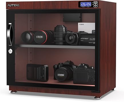 80L Dehumidifying Dry Cabinet Box, Wood grain Design Digital Control Noiseless and Energy Saving, for Camera Lens and Electronic Equipment Storage,Temperature Humidity LED Dual Screen