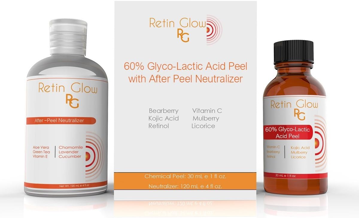 Glyco-Lactic Acid 60% Gel Peel Including After Peel Neutralizer Facial Peel Contains Glycolic Acid Retinol Vitamin C Kojic Acid. Perfect Mild Strength Chemical Peel (English Instructions)