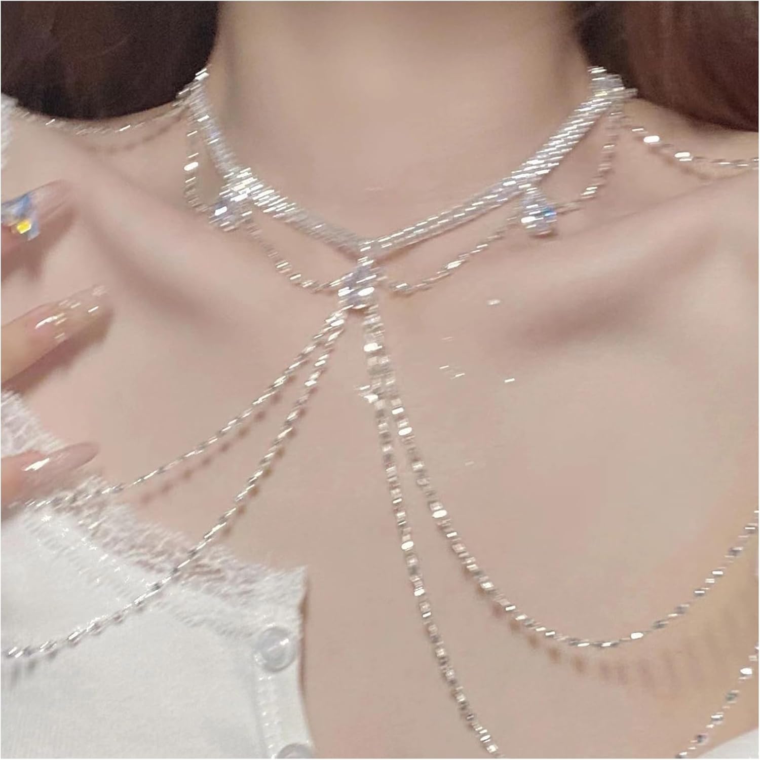 Sexy Rhinestone Shoulder Chain Necklace, Tassel Multi-layered Bridal Crystal Back Chain Wedding Backdrop Jewelry