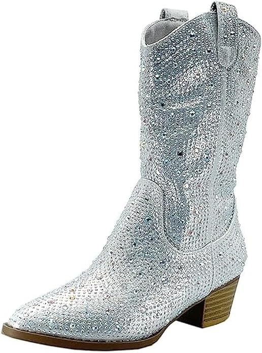 Forever Girls/Kids Rhinestone Western Cowgirl Cowboy Pointed Toe Low Heel Boots River-11K Silver 2