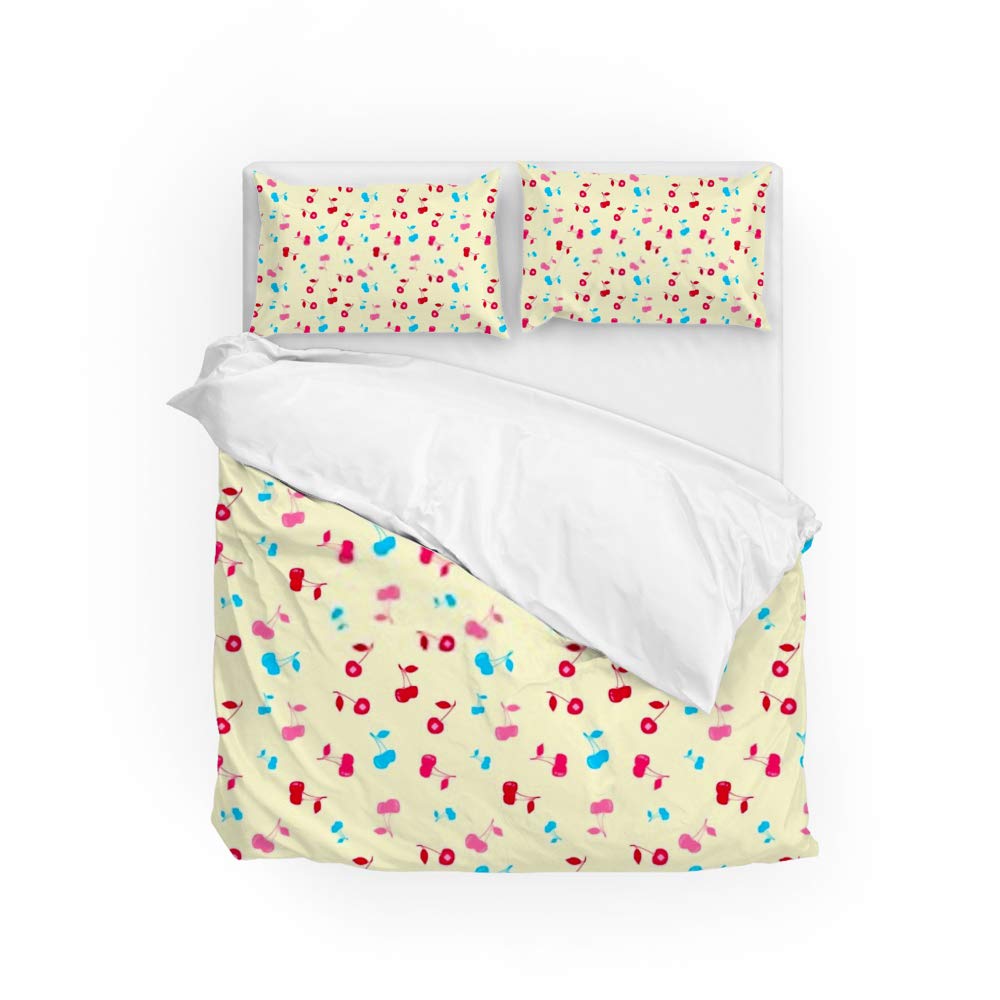 Housse de couette motif cerise et 2 taies d'oreiller : Parure de lit 3 pièces pour couchage adulte