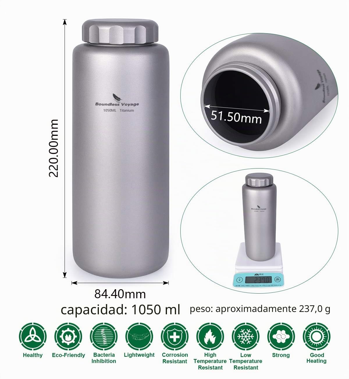 iBasingo 1050 ML Titanio Botella de agua al aire libre impermeable boca ancha deporte botella potable camping té café cafetera hervidor para senderismo escalada Ti1591I