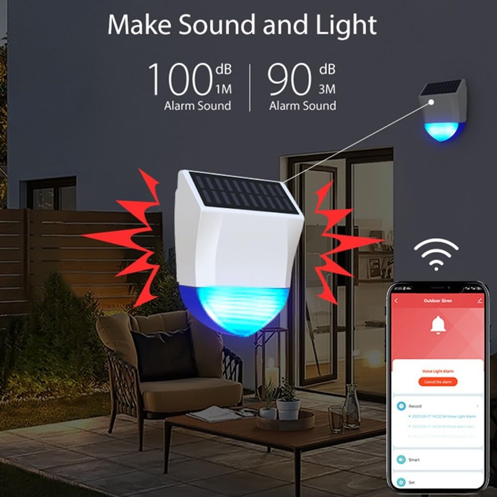 Sistema de alarma de seguridad accionado por energía solar para, sonido y luz a prueba de lluvia ABS, dispositivo externo de batería para hogar al aire libre