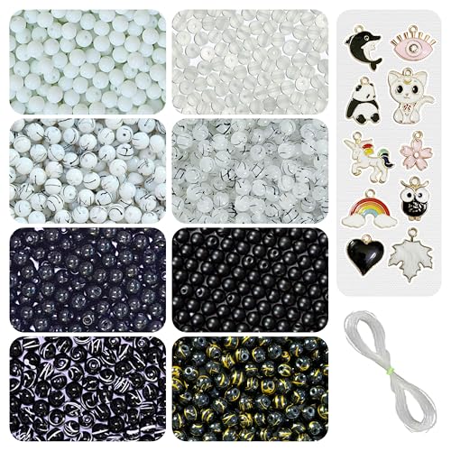 Image of 10 Pcs Charms + 225 Pcs Black & White Glass Beads for Jewellery Making Kit - Glass Beads for Bracelet Making Kit - Bead for Craft (8mm, 160g)