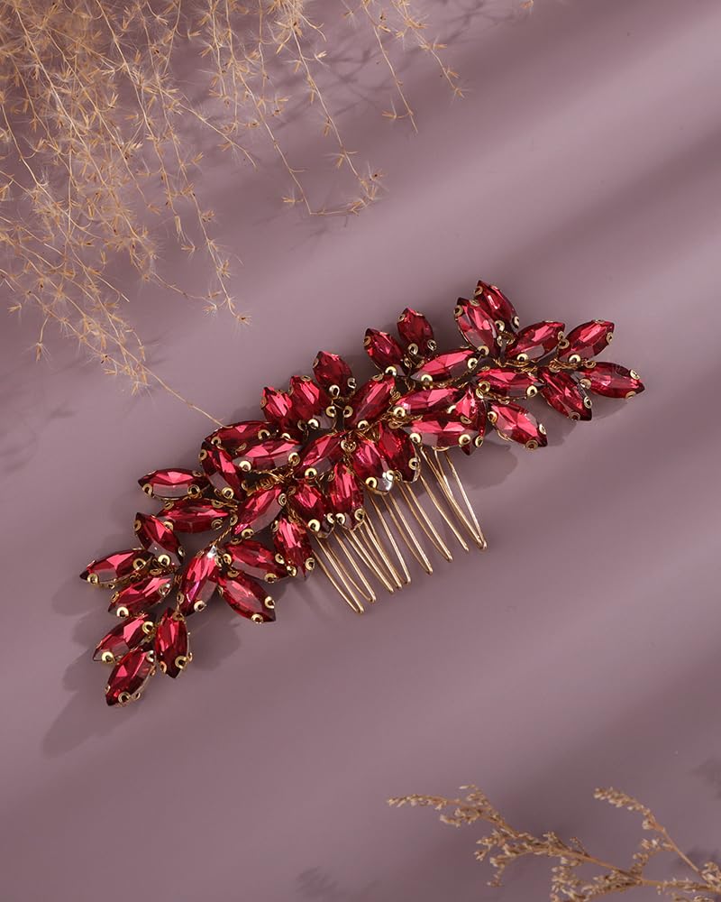 Hot Pink Rhinestones Hair Comb for Women Girls Wedding Bridal Hair Piece Handmade Jewelry Banquet Prom (Hot Pink)