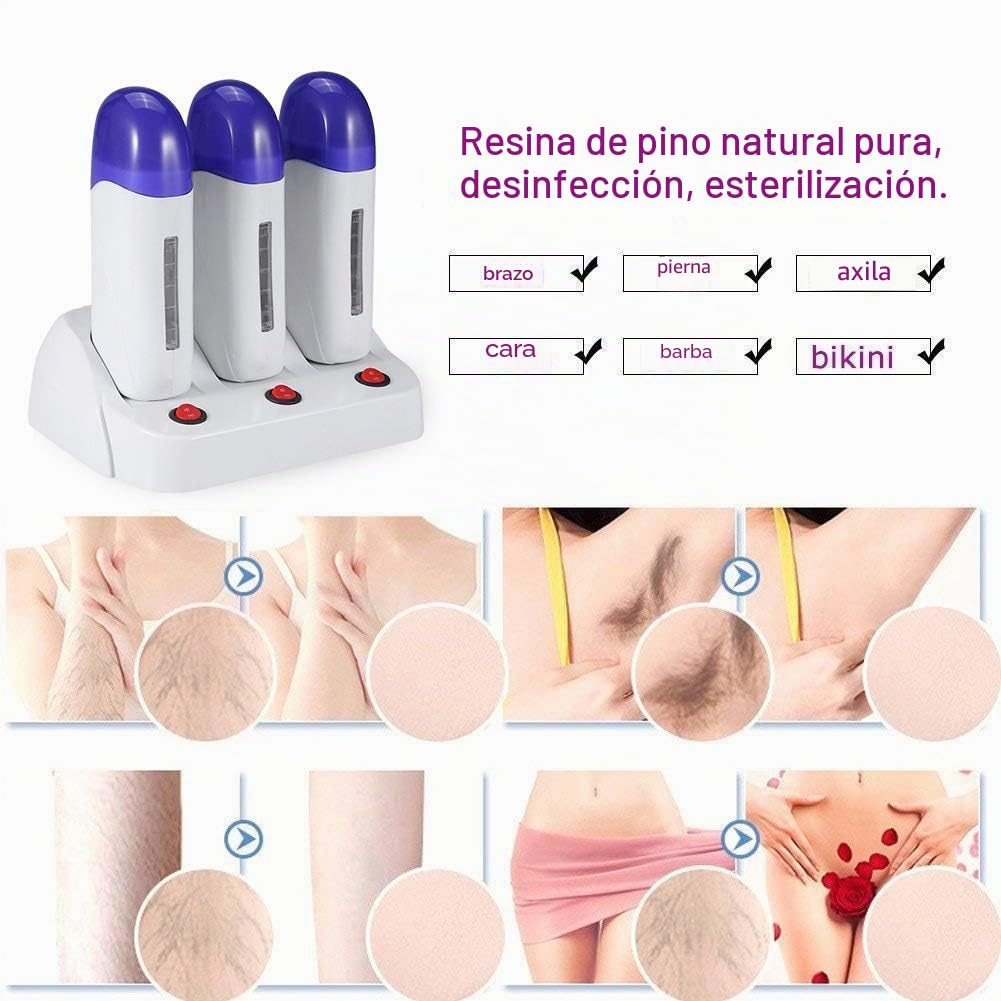 Calentador Cera, Calentador Roll On Cera, Dispositivo Eléctrico Encerado Enrollable, Calentador Cera Temperatura Controlada con Base Depilación, Máquina Depilación Piernas y Cuerpo En Casa(3 Pcs)