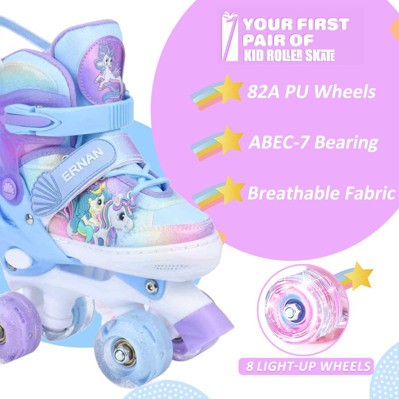 ERNAN Roller Enfant Filles et Garçons,Patin a Roulette Enfant 4 Taille Réglable, Roller Quad avec 8 Roues Lumineuses. Patins à roulettes pour Enfants pour débutants