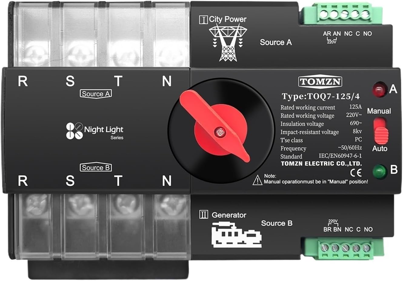 Rail 3 Phase 4P 63A 100A 125A 220V 230V Dual Power Electrical Selector Switch(100A)