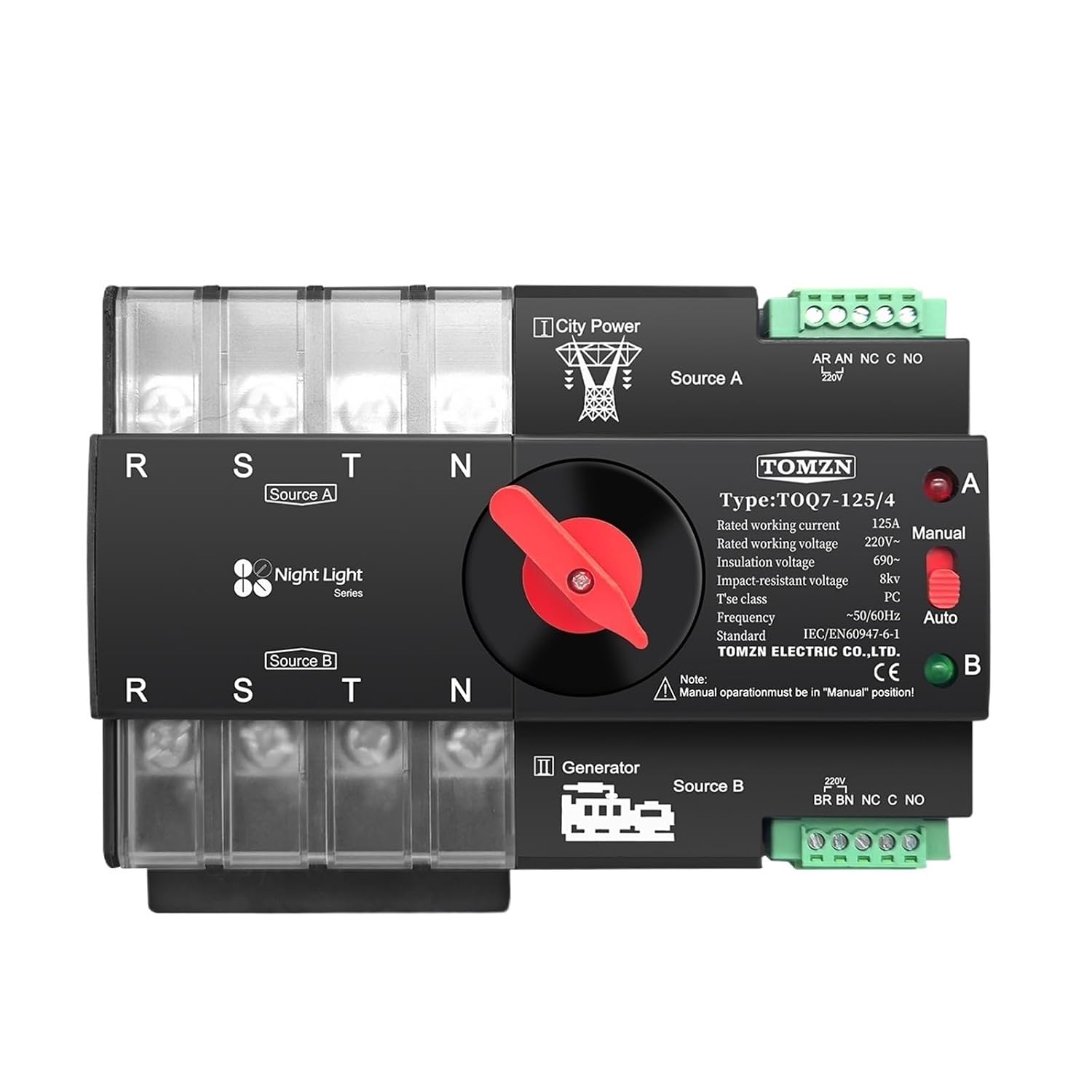 Rail 3 Phase 4P 63A 100A 125A 220V 230V Dual Power Electrical Selector Switch(100A)