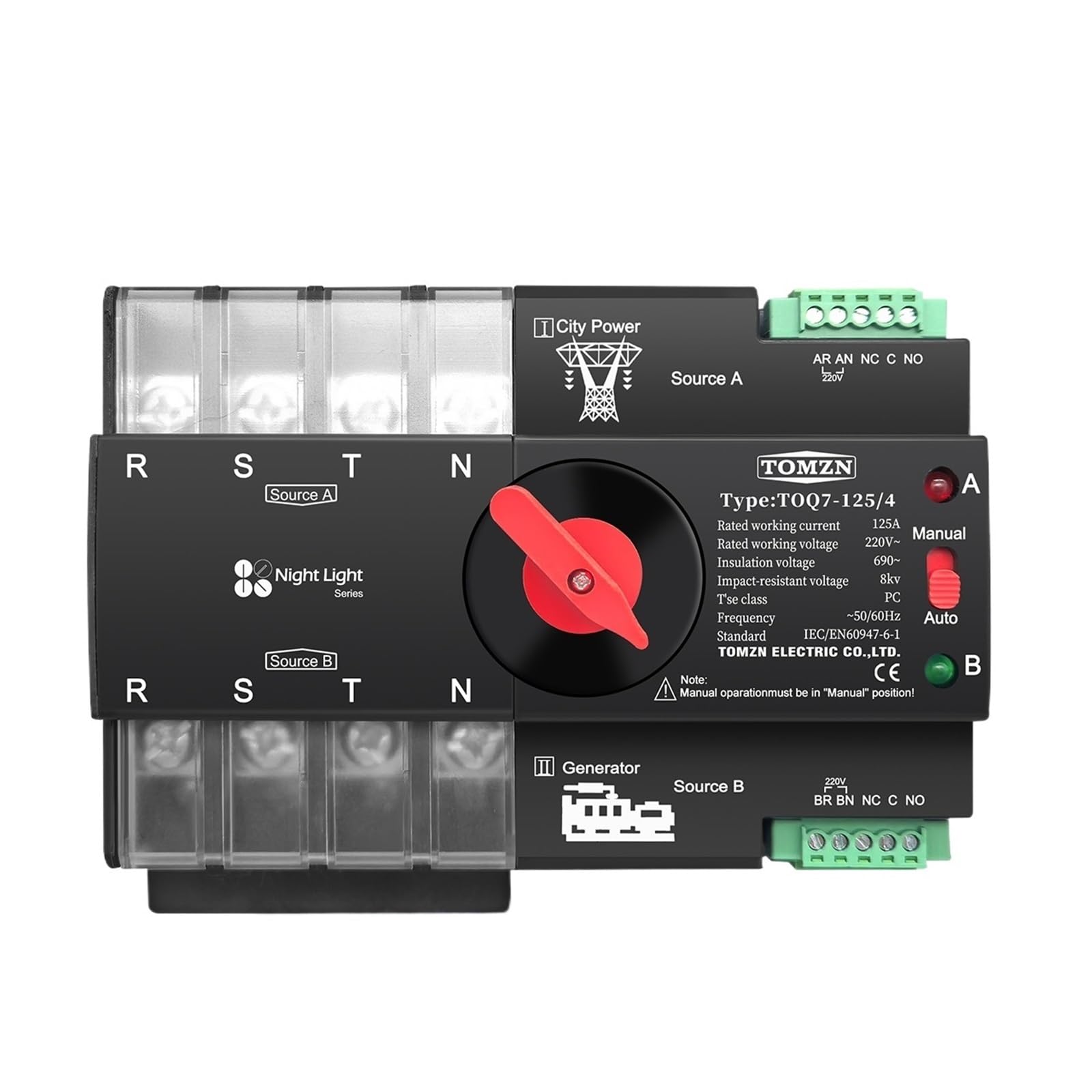 YAPOLQTNM Rail 3 Phase 4P 63A 100A 125A 220V 230V Dual Power Electrical Selector Switch(100A)