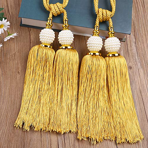 KISENG Decorative Curtain Tiebackss Ball Tassels Holdbacks for Home Office Windows Drapery Fasteners Braided Buckle Fringe Ropes, Set of 2 (Golden)