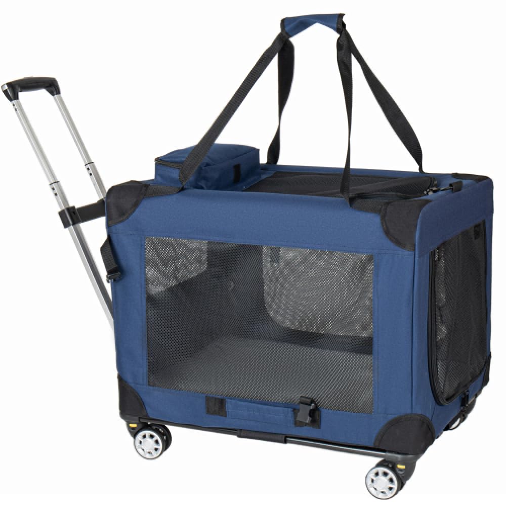 Dunkelblaue Tiertransportbox, 2-in-1 Faltbare Hundetransporttasche mit Rollen, Belüftete Haustierbox für Reisen und Zuhause