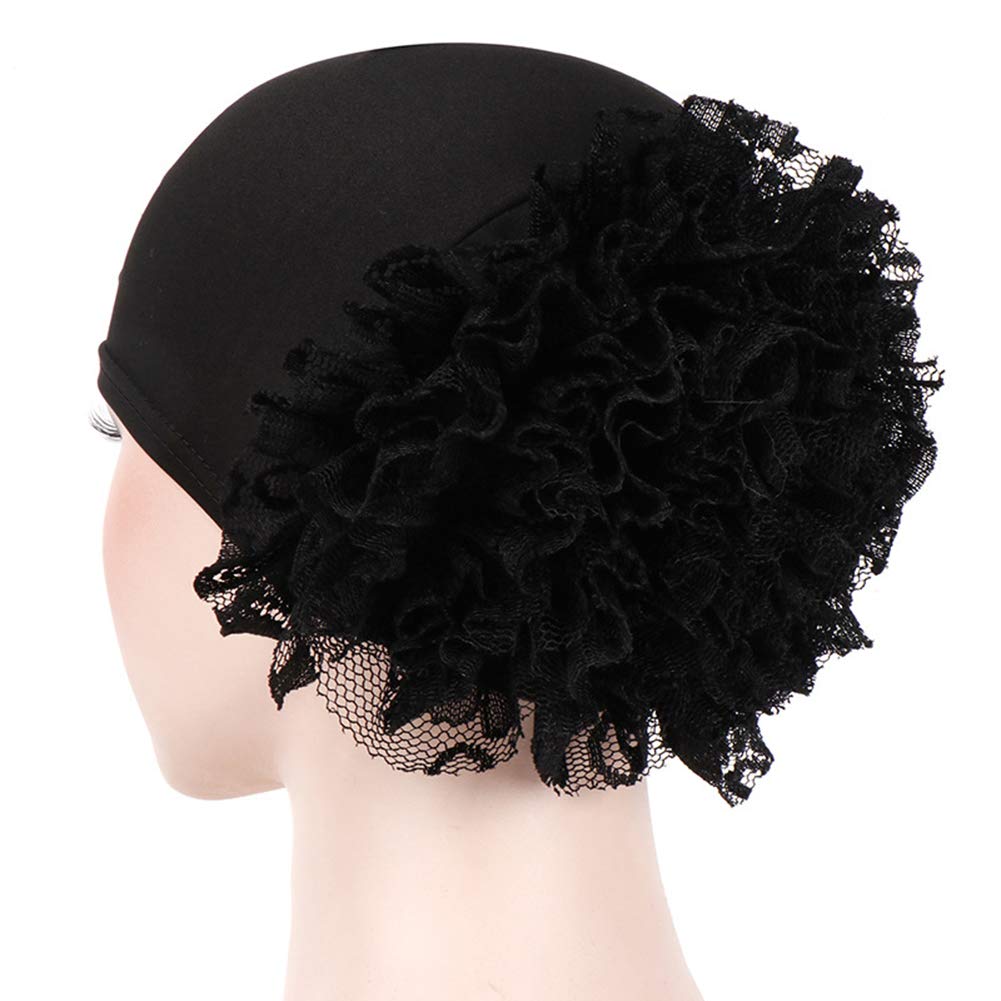 Bismarckber Women's Black Solid Color Lace Flower Muslim Hijab Turban Hat Chemo Cancer Cap Arabic Head Scarf Headwrap