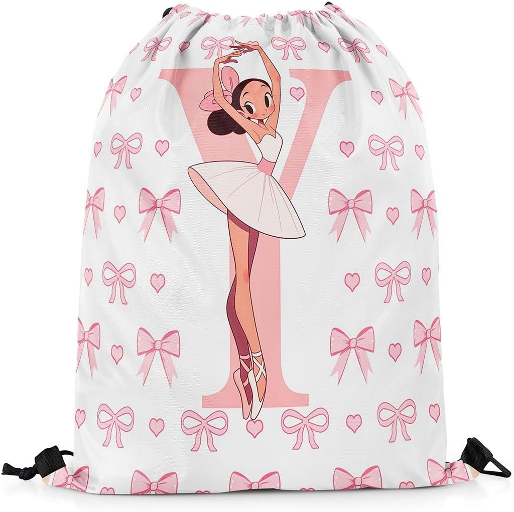 Manfei Cartoon Ballerina Bow Drawstring Bag Cute Dancer Themed Drawstring Backpack Women Men Ballet Heart Water Resistant Bedroom Room Decor for Sport Gym Swim Yoga White Pink Y