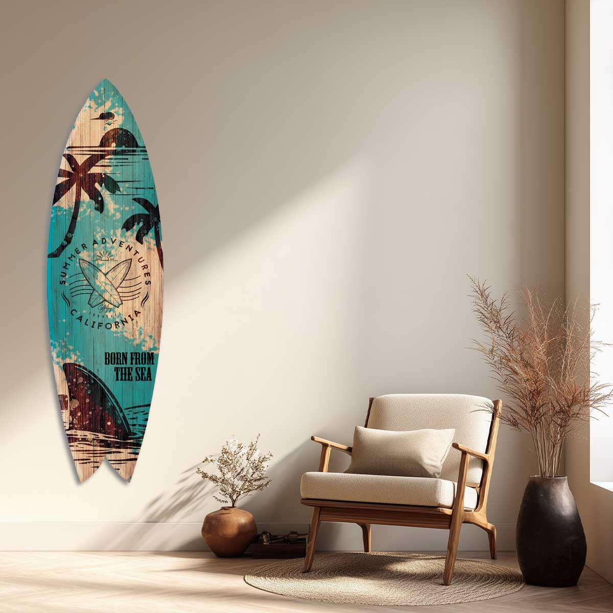 Planche de surf décorative bleu et bois Born from The Sea Alu