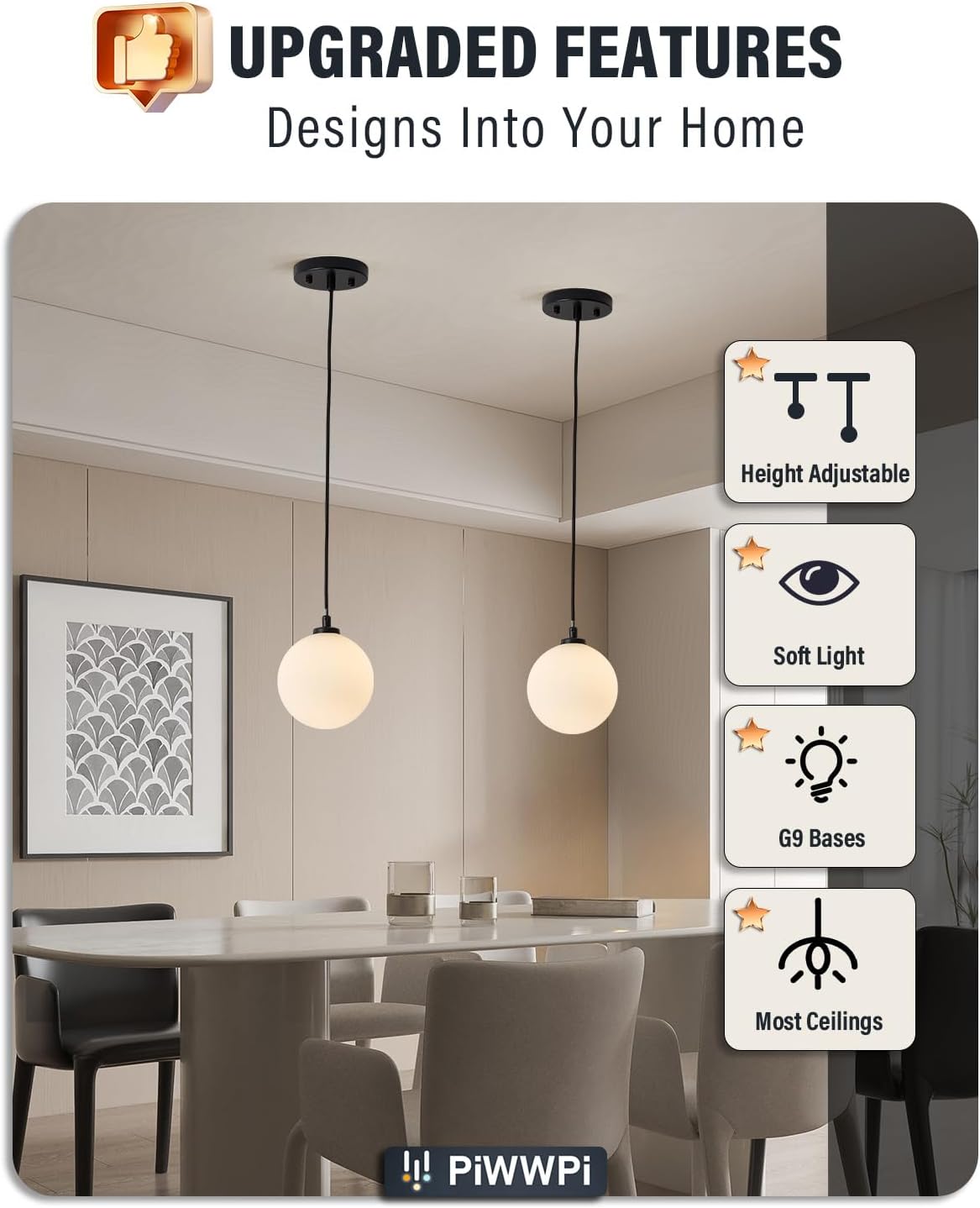 Mid Century Modern Chandelier, 1- Light Globe Glass Ceiling Hanging Chandelier, Black Pendant Light, White Spherical Blackout Bedside Lamp for Kitchen Island, Bedroom, Living Room, Dining Room