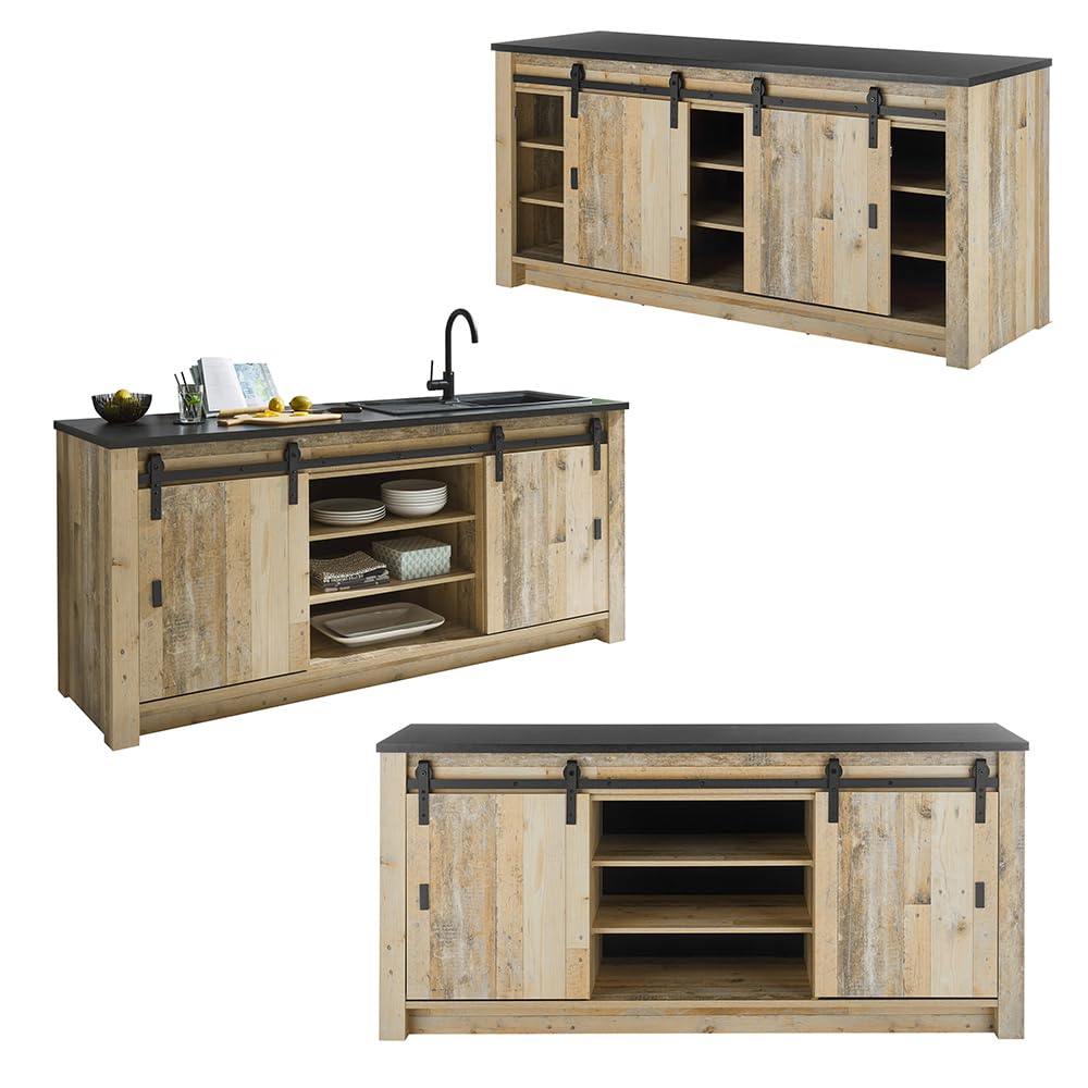Lomadox Küchenmöbel Küchen Set, Old Style hell Nb. mit anthrazit, Spülschrank mit offenen Fächern, Stauraumschrank, 160cm Wandregal, Hängevitrine mit Softclose
