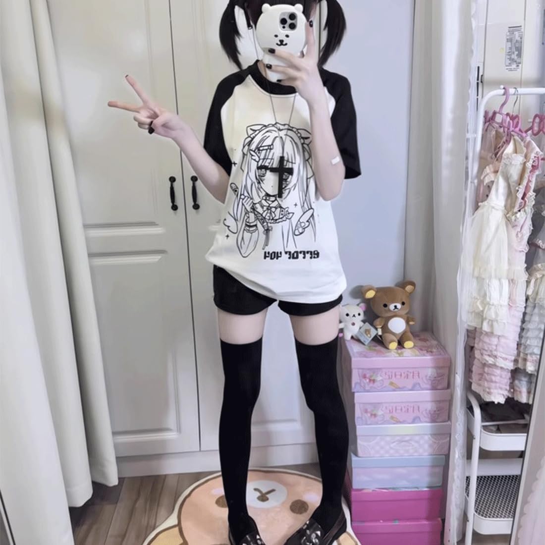 Kawaii Gothic Fashion Casual Crewneck Raglan Short Sleeve Cute Graphic Cartoon Girl with Cat Ears Print T-Shirt - Image 2