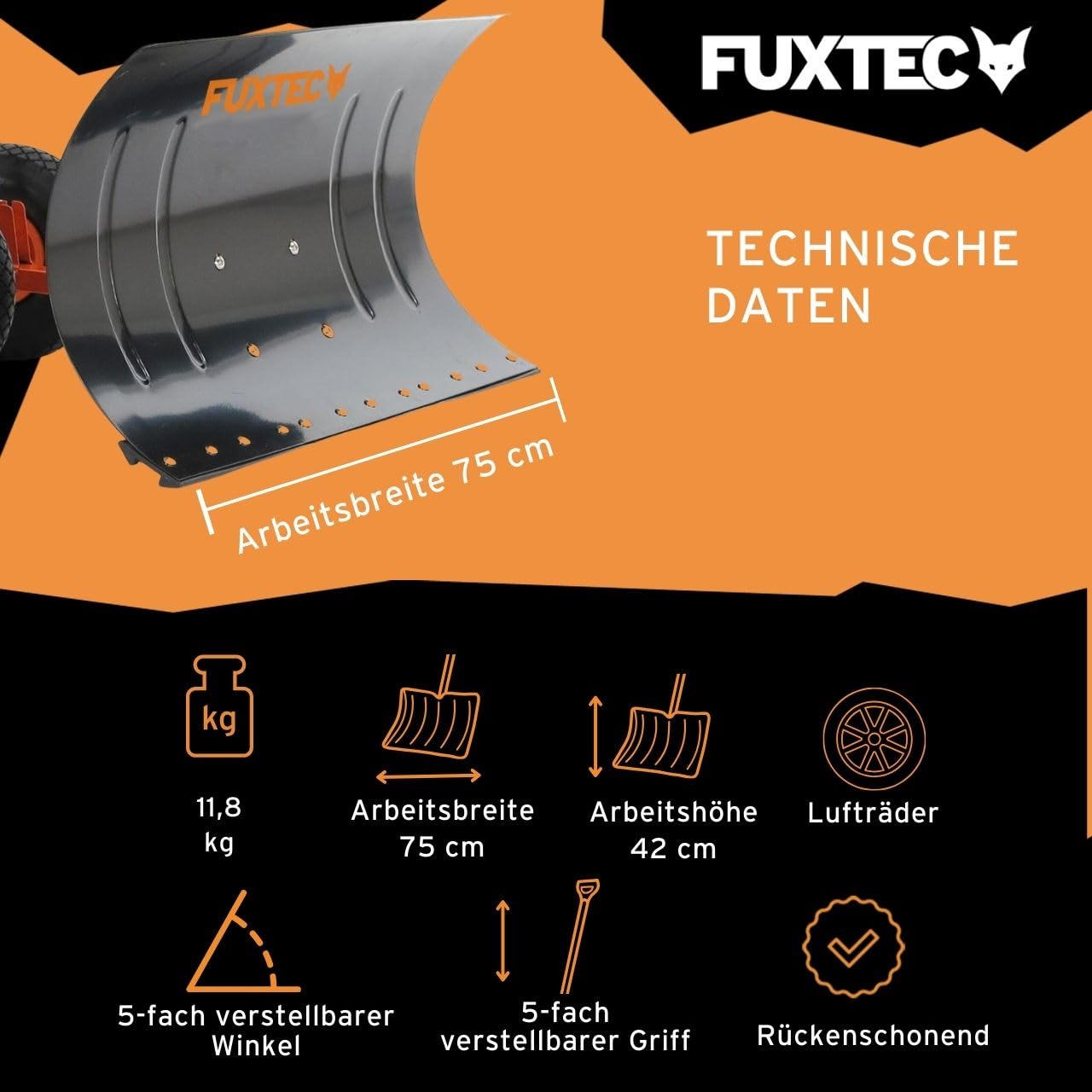 FUXTEC Schneeschaufel auf Rädern FX-SS740, höhenverstellbar - komfortables Schneeräumen, rückenschonender Schneeschieber, Schneeschild 75 cm Arbeitsbreite-Höhe 42 cm, platzsparend da zusammenklappbar
