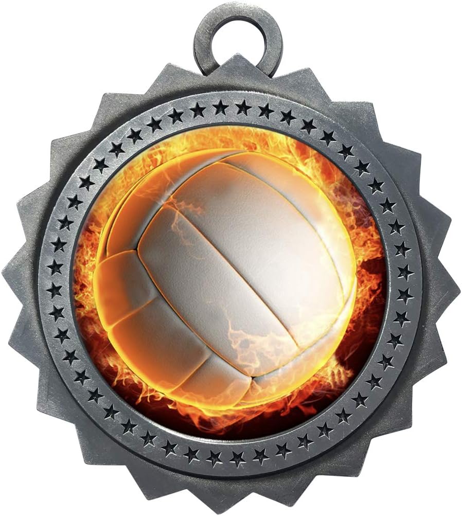 10 PK of Flame Volleyball Silver Medals Trophy Award with Neck Ribbons D03-EMFCL804