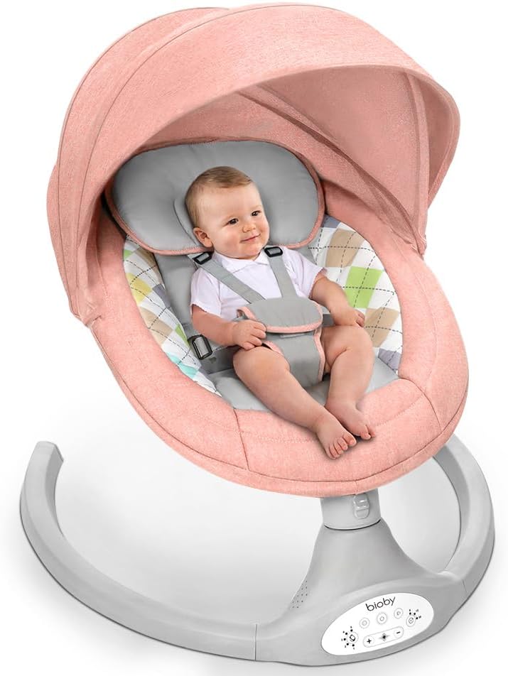 Bioby Baby Swing for Infants to Toddler, Electric Portable Baby Bouncer for 0-6 Months Newborn, Baby Rocker with 5 Swing Speeds and Remote Control, Touch Screen, Bluetooth Music, for Baby 5-20Lb,Pink