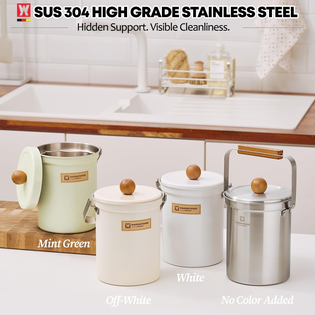 WAGENSTEIGER Kitchen Countertop Compost Bin 101Ounces / 3Liter with Airtight Lid, SUS304 Stainless Steel Odor-Free Food Waste Bin with Wooden Handle Stylish Design/Bathroon Trash Can (Mint Green)