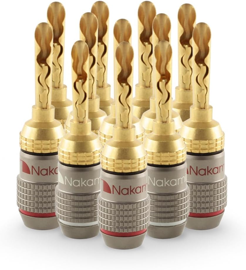 Nakamichi FanLock Excel Series 24k Gold Plated BFA Banana Plug 10 AWG - 18 AWG Gauge Size 4mm for Speakers Amplifier Hi-Fi Stereo Home Theatre Radio Audio Wire Cable Quick Connector, 12 Pcs (6-Pairs)