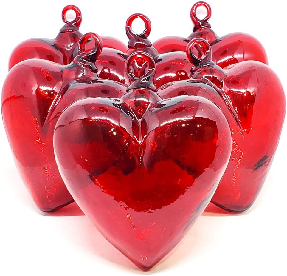 Red 5.1 inch Large Hanging Glass Hearts (Set of 6), Recycled Blown Glass (LGE Red Hearts)